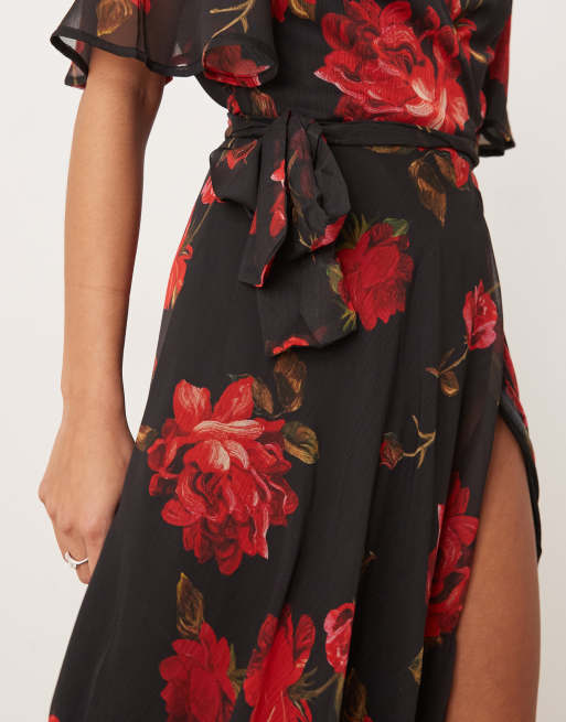 Hope & Ivy Petite - Vestito lungo avvolgente nero e rosso a fiori, 4 di 4