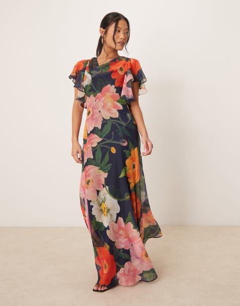 Hope & Ivy Petite - Vestito lungo blu navy a fiori con maniche a cascata e scollo ad anello - view 1