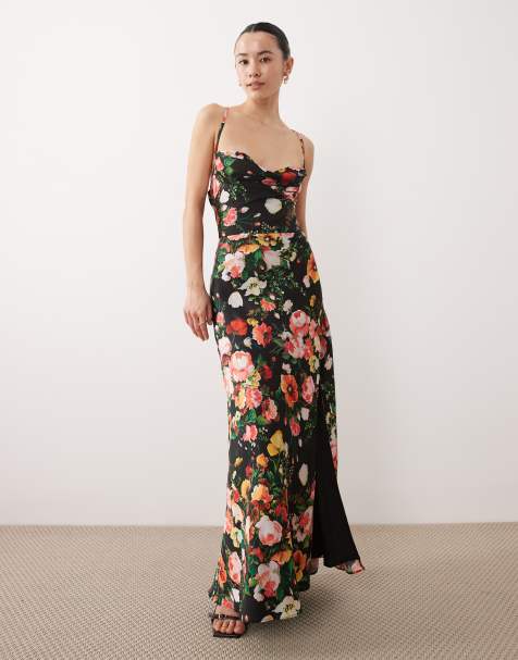 Hope & Ivy Petite - Vestito lungo con spalline sottili in raso nero a fiori - view 1
