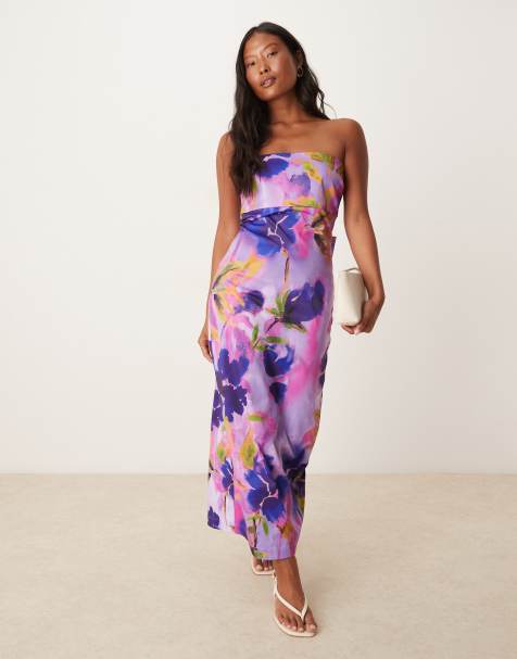 Hope & Ivy Petite - Vestito midi longuette a fascia viola a fiori con fiocco sul retro - view 1