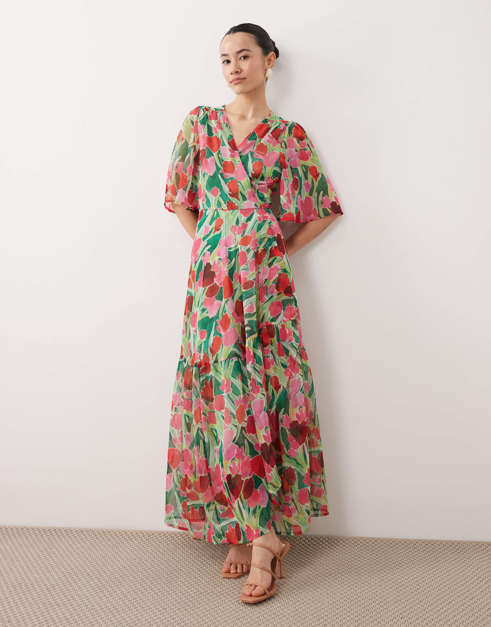 hope & ivy petite wrap tie detail maxi dress in green petal print
