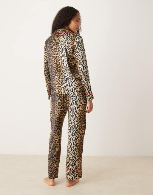 Hope & Ivy - Pigiama in raso marrone con stampa leopardata composto da top e pantaloni, 3 di 4