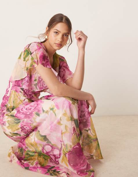 Hope & Ivy - Pink maxikjole med vandfaldsudskæring og vandfaldsærmer og print - view 1