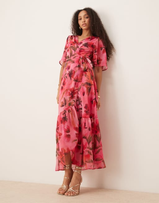 Hope & Ivy - Pink slå-om-maxikjole med flagrende ærmer og blomstermønster, 2 af 4