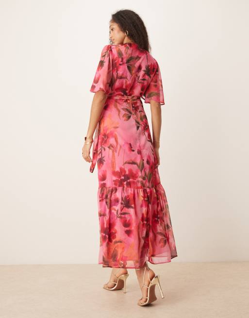 Hope & Ivy - Pink slå-om-maxikjole med flagrende ærmer og blomstermønster, 3 af 4