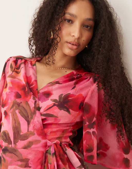 Hope & Ivy - Pink slå-om-maxikjole med flagrende ærmer og blomstermønster, 4 af 4
