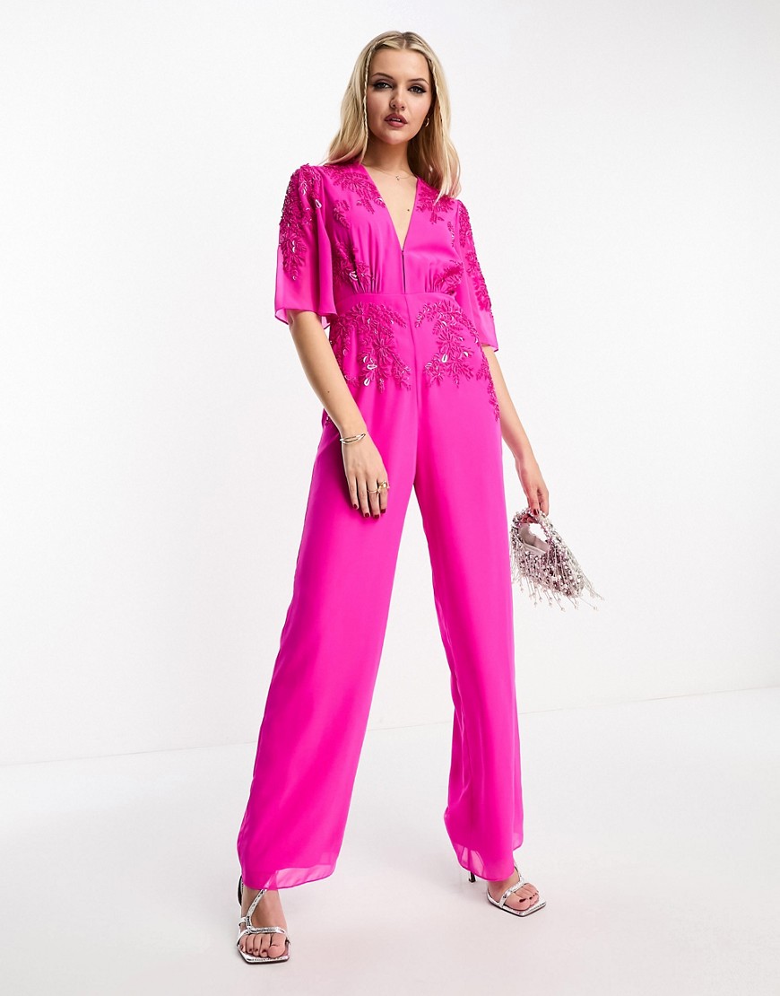 Hope & Ivy plunge front embellished jumpsuit in bright pink