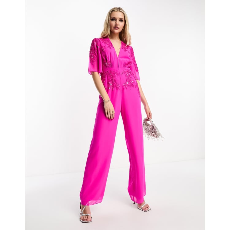 Hope & Ivy plunge front embellished jumpsuit in bright pink