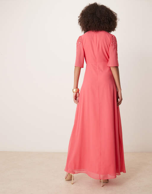 Hope & Ivy plunge front embellished maxi dress in coral, 3 of 4
