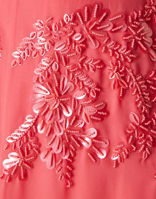 Hope & Ivy plunge front embellished maxi dress in coral, 4 of 4
