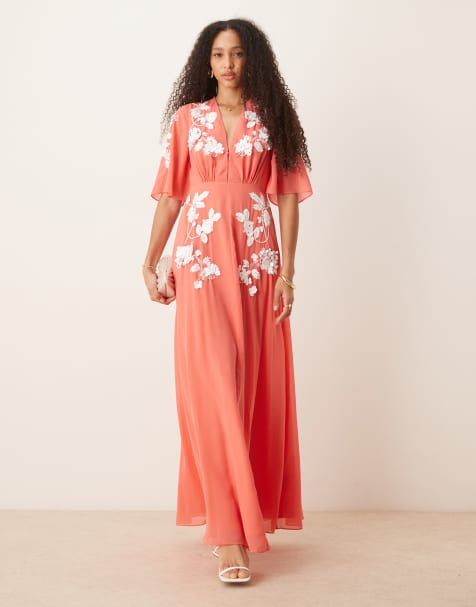 Hope & Ivy plunge front embellished v-neck maxi dress in light coral - view 1