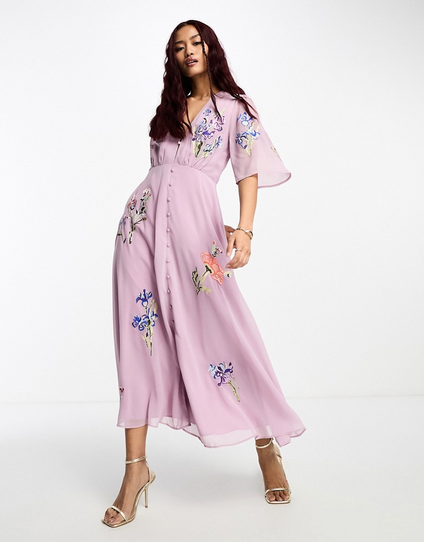 Hope & Ivy plunge front embroidered maxi dress in lilac-Pink