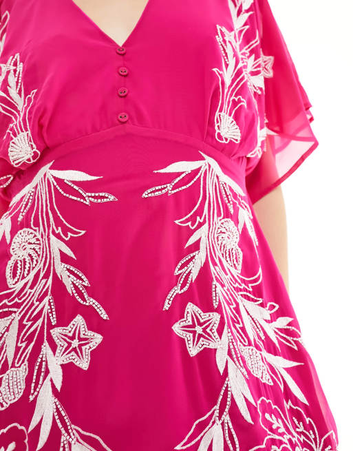 Hope Ivy plunge front embroidered midi dress in magenta