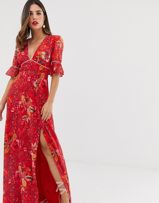 Hope & Ivy plunge front maxi dress with fluted sleeve in red floral print