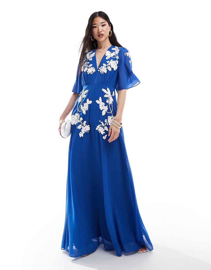 Hope & Ivy Plunge Maxi Dress With Embellished Flowers In Blue
