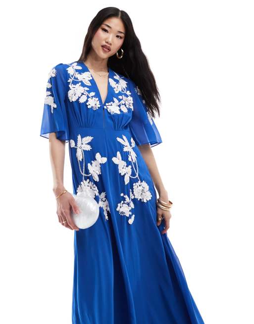 Hope Ivy plunge maxi dress with embellished flowers in blue