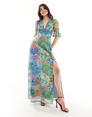 plunge maxi dress with fluted sleeves in blue floral