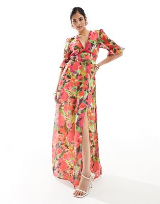 plunge maxi dress with fluted sleeves in red floral