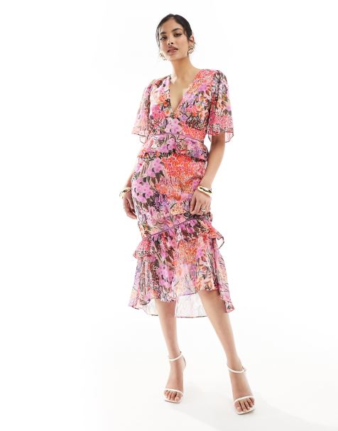 Hope & Ivy plunge midi dress with ruffle detail in lilac floral print - view 1