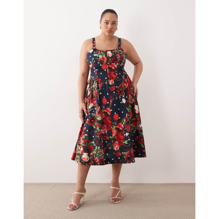 Hope & Ivy Plus a-line strappy corset midi dress in navy floral | ASOS