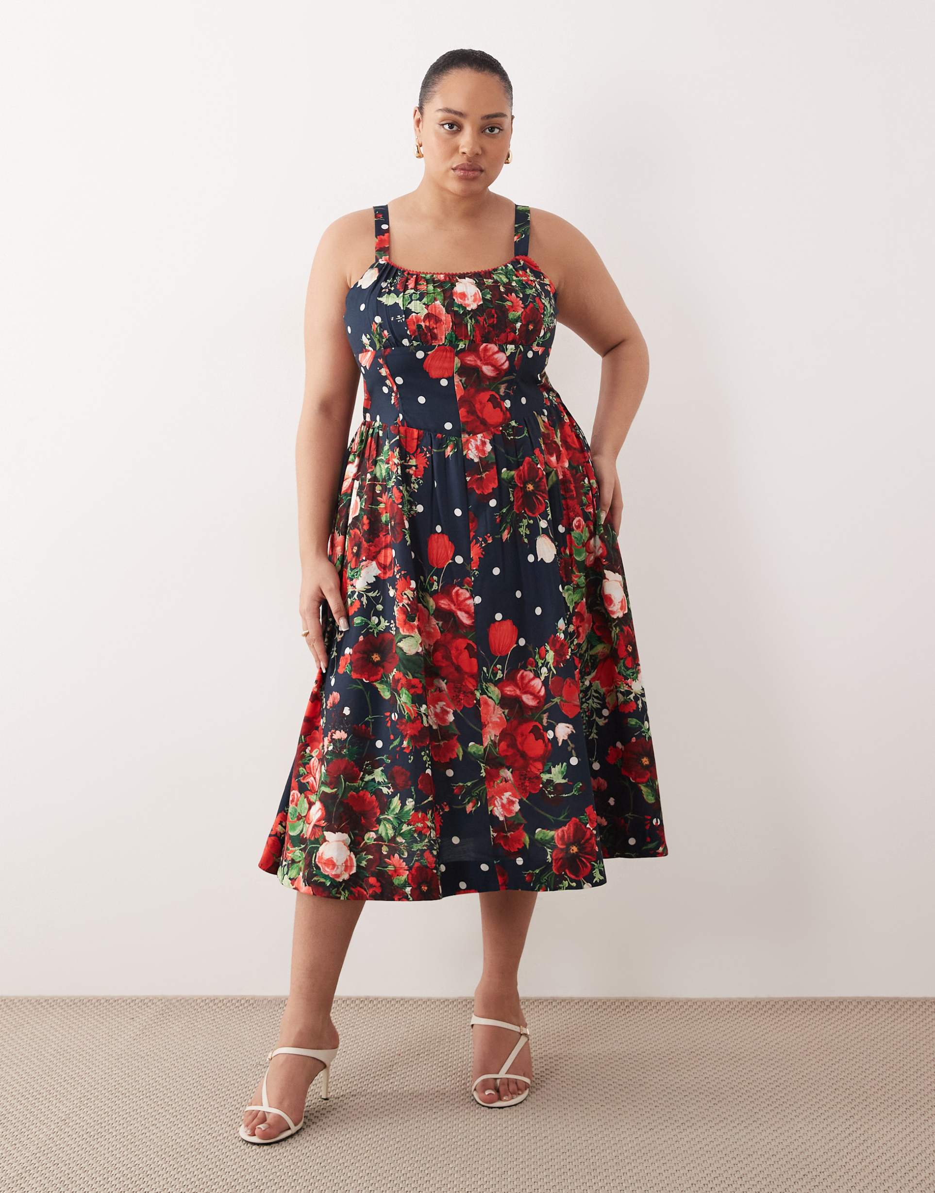 hope & ivy plus a-line strappy corset midi dress in navy floral