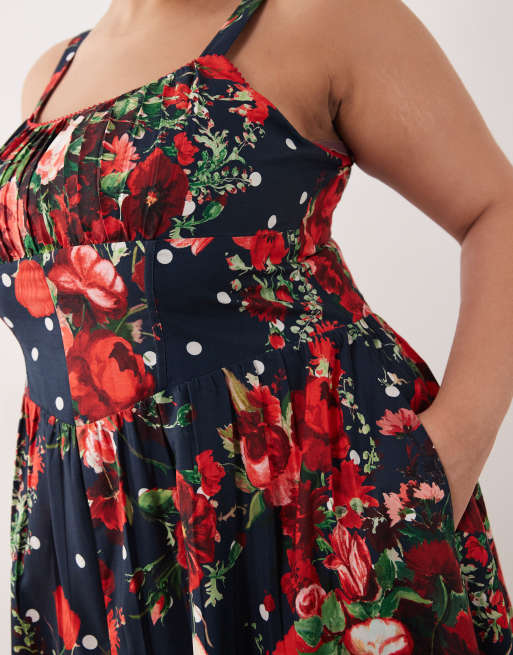 Hope & Ivy Plus a-line strappy corset midi dress in navy floral, 4 of 4