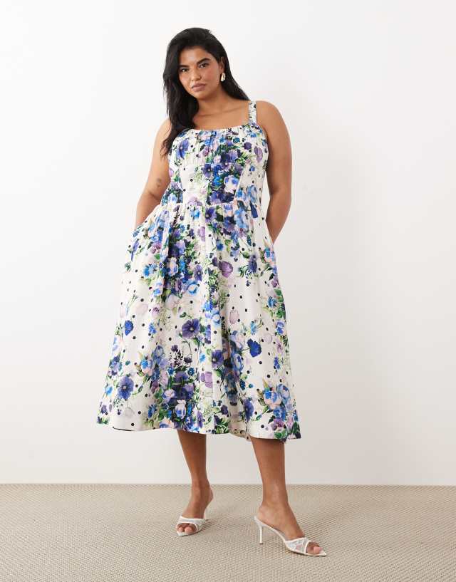 blue and white floral a line dress Hope & Ivy Plus a-line strappy corset midi in spot print Featuring a classic strapless