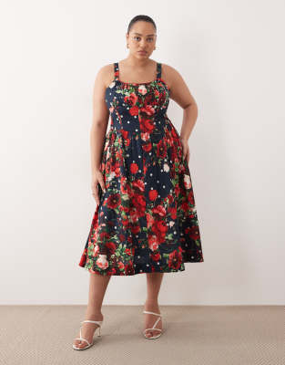 A-Linien-Midikleid in Marineblau mit Blumenmuster, Riemchenträgern und Korsettdetail Marineblau 48