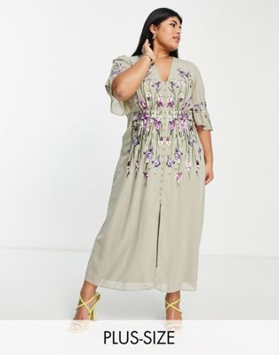 Hope & Ivy Plus Adelaide embroidered midi dress in sage green