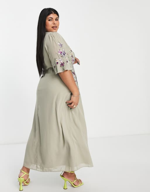 Hope & Ivy Plus – Adelaide – Midikleid in Salbeigrün mit Stickerei, 2 von 4