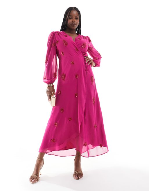 Hope & Ivy Plus all over embellished wrap midaxi dress in fuchsia pink