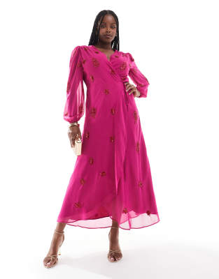 allover embellished wrap midaxi dress in fuchsia pink