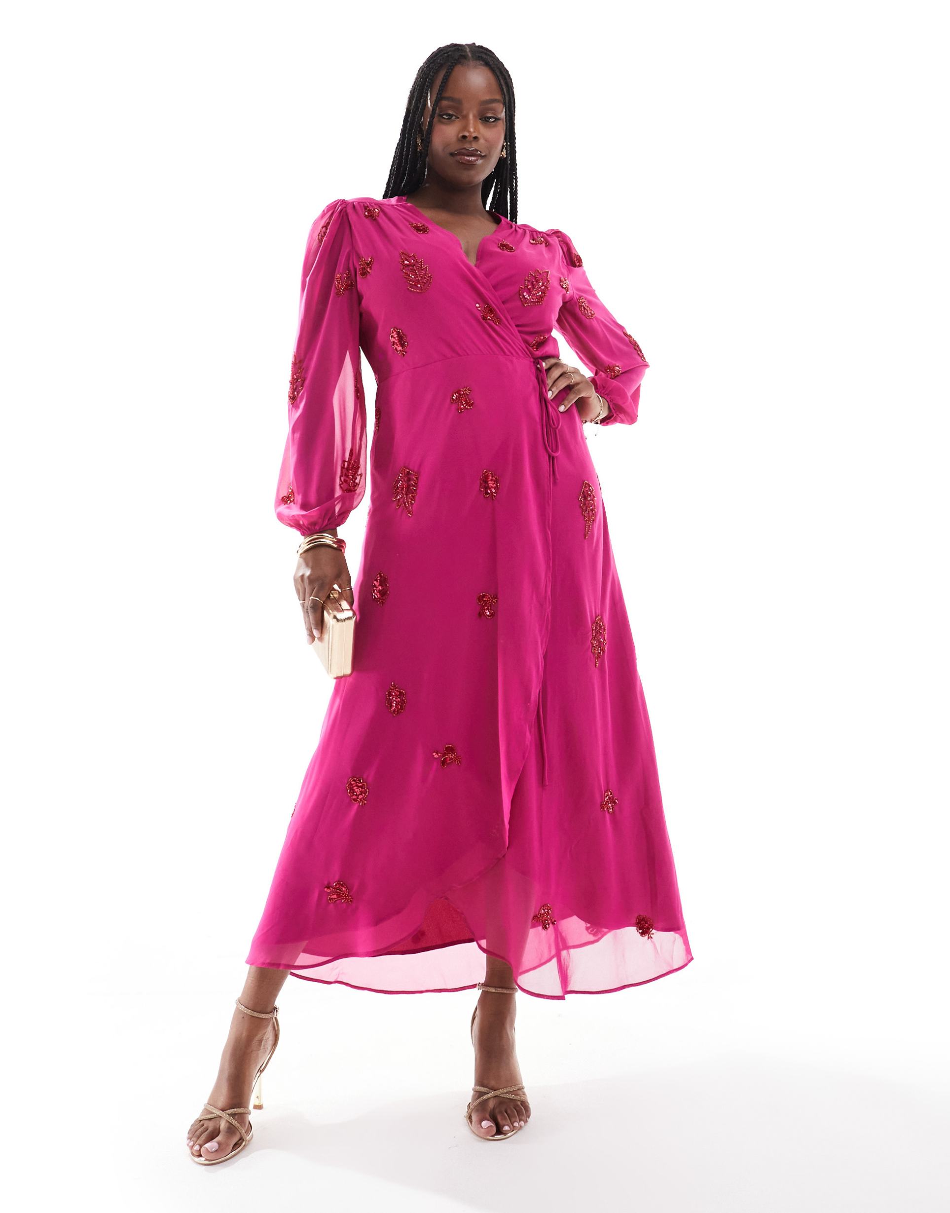 hope & ivy plus allover embellished wrap midaxi dress in fuchsia pink