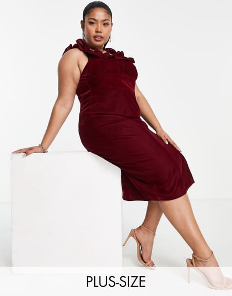 Hope & Ivy Plus bardot velvet midi dress in burgundy - view 1