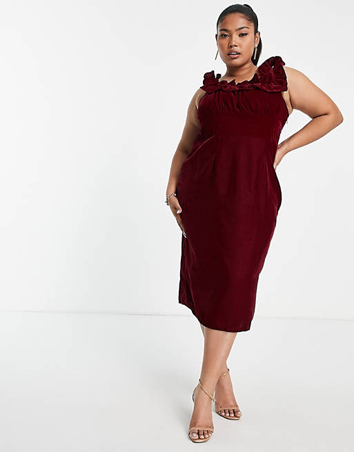 Dresses Hope & Ivy Plus bardot velvet midi dress in burgundy 