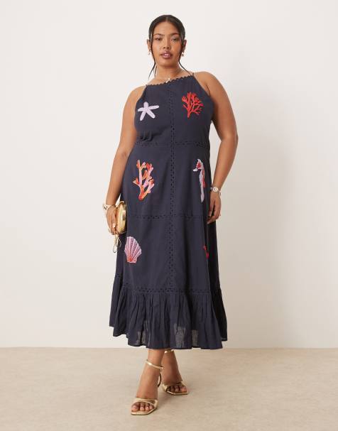 Hope & Ivy Plus beach embellished high neck midi dress in navy - view 1