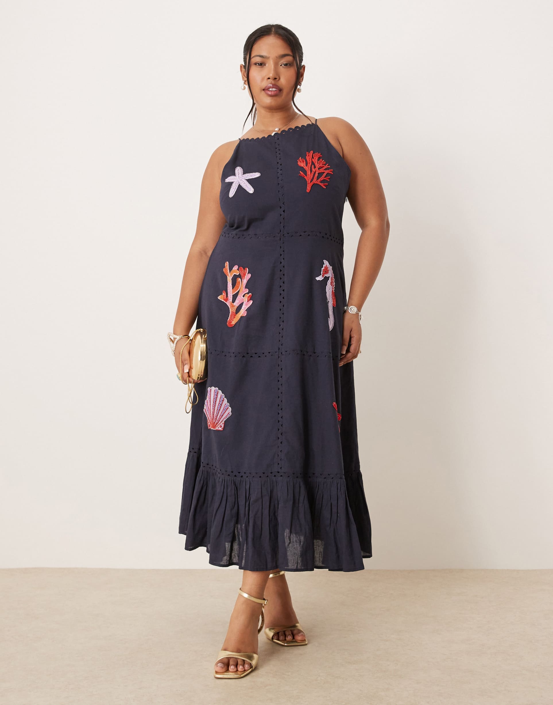 hope & ivy plus beach embellished high neck midi dress in navy