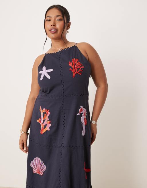 Hope & Ivy Plus beach embellished high neck midi dress in navy