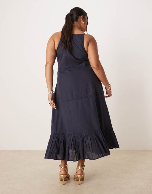 Hope & Ivy Plus beach embellished high neck midi dress in navy