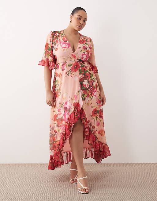 wrap maxi dress with sleeves Watercolor Floral Print - Pink Multi Size medium measures 61.5 from shoulder to hem Melissa | BLUE Long-Sleeve Wrap