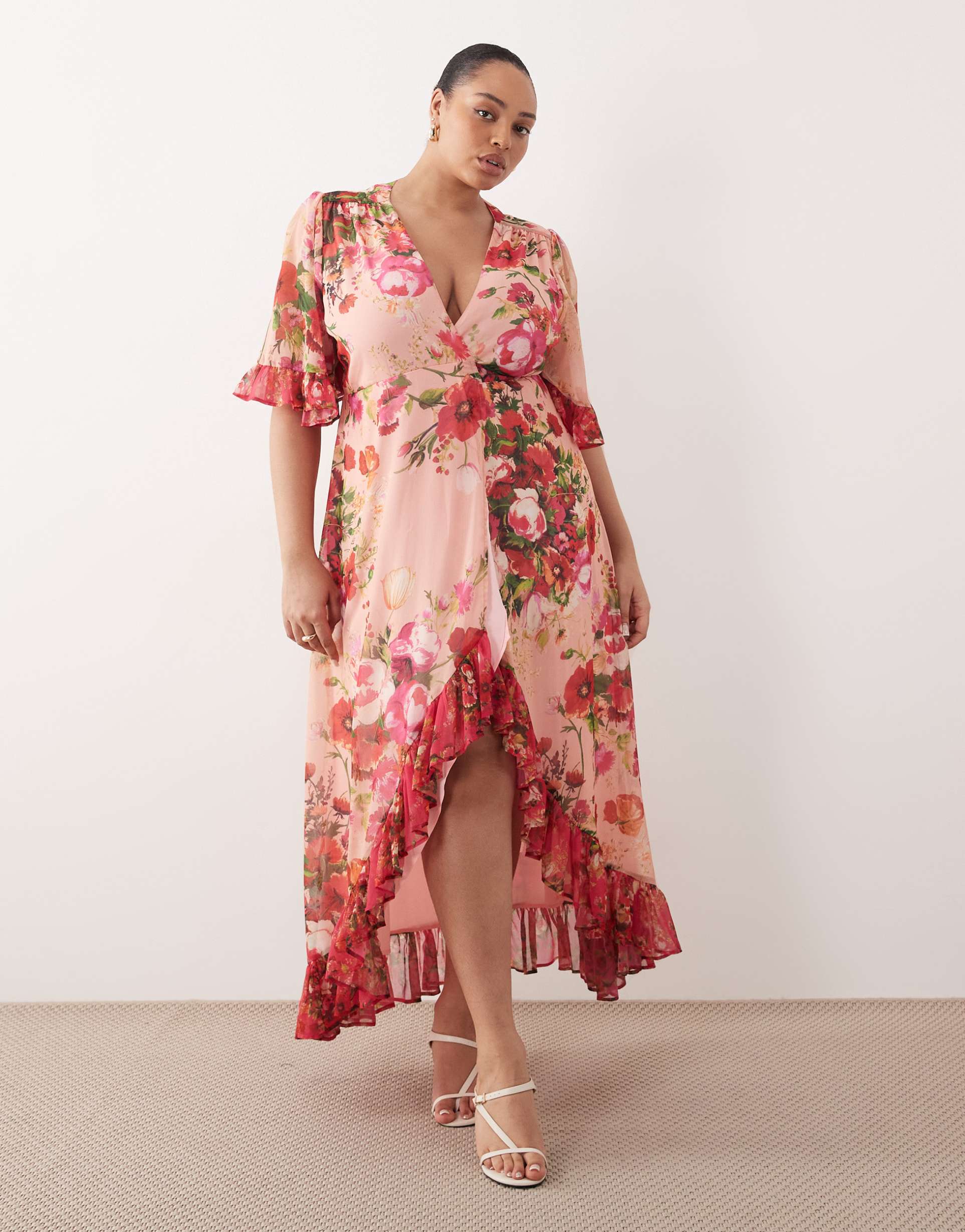 hope & ivy plus bell sleeve wrap maxi dress in pink mixed floral