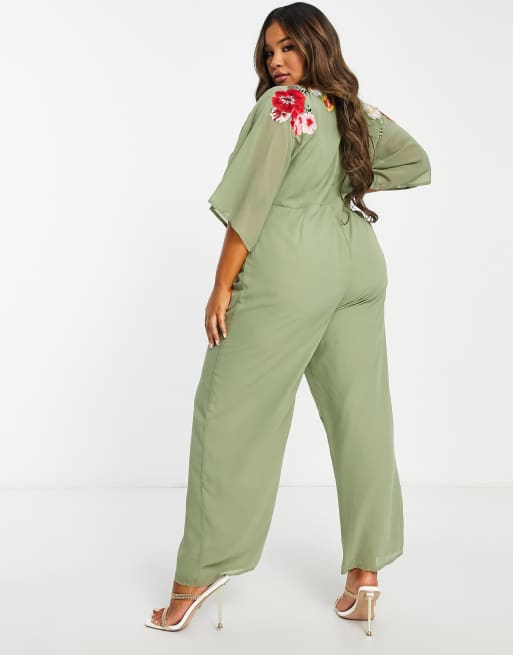 Hope & Ivy Plus – Bestickter Jumpsuit in Olivgrün mit tiefem Ausschnitt und weitem Bein, 2 von 4