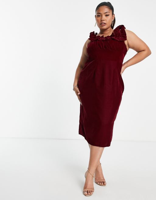 Hope & Ivy Plus - Bordeaux Bardot-midikjole i velour, 3 af 4
