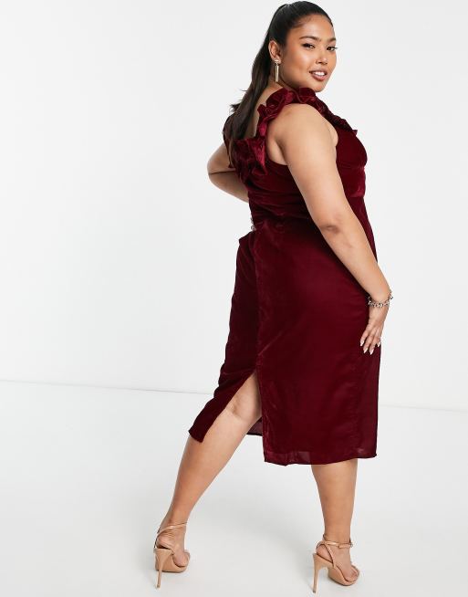 Hope & Ivy Plus - Bordeaux Bardot-midikjole i velour, 4 af 4