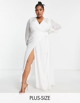 Hope & Ivy Plus Bridal embellished wrap maxi dress in ivory-White