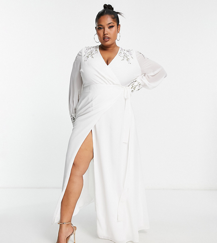 Hope & Ivy Plus Bridal embellished wrap maxi dress in ivory-White
