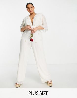 Hope & Ivy Plus Bridal embroidered plunge jumpsuit in ivory