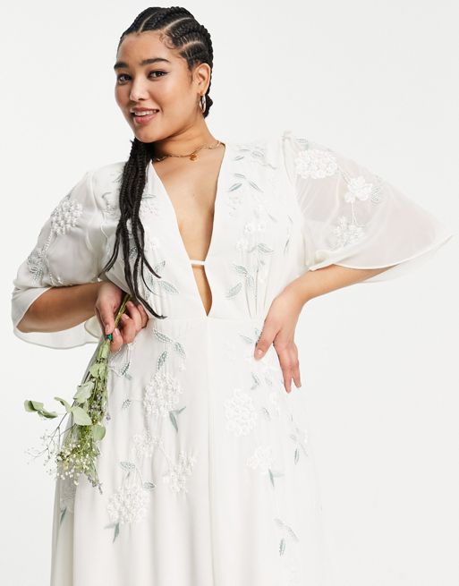 Hope & Ivy Maternity Bridal embroidered plunge maxi dress in ivory, ASOS