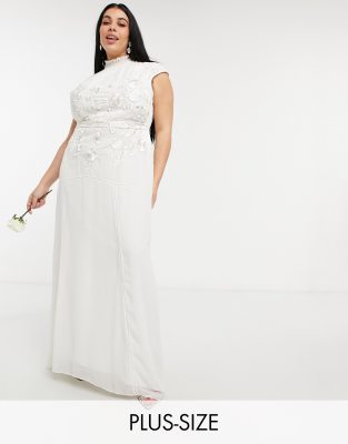 Hope & Ivy Plus Bridal floral beaded and embroidered maxi dress with keyhole back in ivory-White