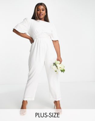 Hope & Ivy Plus - Bridal - Jumpsuit in Elfenbeinweiß mit Puffärmeln und Schleife hinten